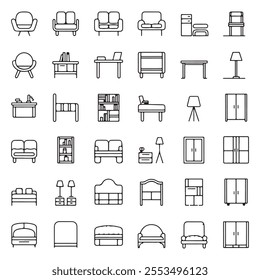 30 Minimalist Outline Icons of Modern Furniture: Chairs, Sofas, Coffee Tables, Desks and More - Scalable and Versatile Design Assets