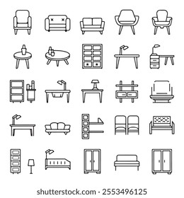 30 Minimalist Outline Icons of Modern Furniture: Chairs, Sofas, Coffee Tables, Desks and More - Scalable and Versatile Design Assets