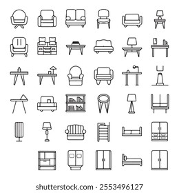 30 Minimalist Outline Icons of Modern Furniture: Chairs, Sofas, Coffee Tables, Desks and More - Scalable and Versatile Design Assets