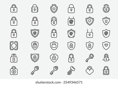 30 Minimalist Padlock Outline Icons - Traditional, Digital, Heart and Shield Designs with Editable Strokes