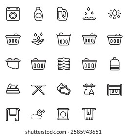 30 Minimalist Washing Icons | Clean Linear Laundry and Cleaning Outline Icon Set | Editable Stroke