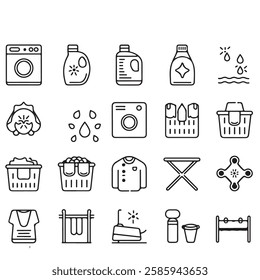 30 Minimalist Washing Icons | Clean Linear Laundry and Cleaning Outline Icon Set | Editable Stroke