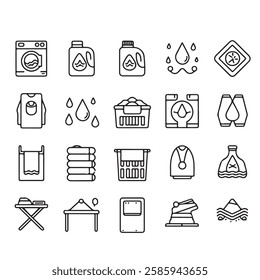 30 Minimalist Washing Icons | Clean Linear Laundry and Cleaning Outline Icon Set | Editable Stroke