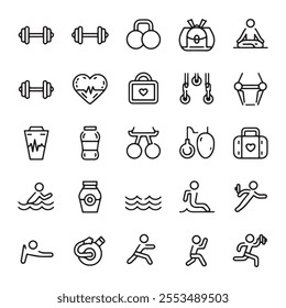 30 Minimalistic Fitness and Exercise Line Icons – Editable Stroke Outlines for Gym, Yoga, and Sports