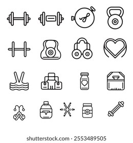 30 Minimalistic Fitness and Exercise Line Icons – Editable Stroke Outlines for Gym, Yoga, and Sports