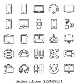 30 Minimalistic Outline Vector Icons of Modern Tech Devices and Accessories: Smartphones, Laptops, VR Headsets, Wearables, and Futuristic Gadgets