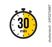 30 minute Timer, clock, stopwatch isolated icons. Countdown timer symbol. Label cooking time. Minute timer, Time measure, Chronometer, Alarm, Kitchen timer, label, sticker, stamp.  Vector illustration