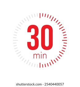 30 minute Timer, clock, stopwatch isolated icons. Countdown timer symbol. Label cooking time. Minute timer, Time measure, Chronometer, Alarm, Kitchen timer, label, sticker, stamp. Vector illustration