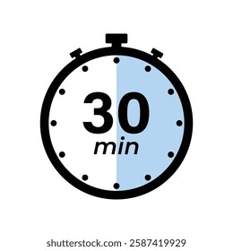 30 minute Timer, clock, stopwatch isolated icons. Countdown timer symbol. Label cooking time. Minute timer, Time measure, Chronometer, Alarm, Kitchen timer, label, sticker, stamp. Vector illustration