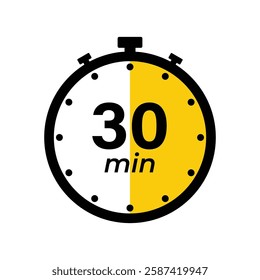 30 minute Timer, clock, stopwatch isolated icons. Countdown timer symbol. Label cooking time. Minute timer, Time measure, Chronometer, Alarm, Kitchen timer, label, sticker, stamp. Vector illustration