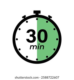 30 minute Timer, clock, stopwatch isolated icons. Countdown timer symbol. Label cooking time. Minute timer, Time measure, Chronometer, Alarm, Kitchen timer, label, sticker, stamp. Vector illustration