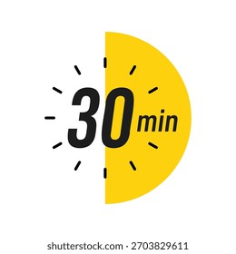 30 minutos Timer, relógio, cronômetro ícones isolados. Símbolo de timer de contagem regressiva. Hora de cozimento do rótulo. Temporizador de minutos, Medida de tempo, Cronômetro, Alarme, Temporizador de cozinha, rótulo, adesivo, selo.  Ilustração vetorial