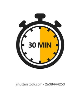 30 Minute Timer Icon in a Modern Flat Style. A Clock, Stopwatch, or Chronometer Displaying a Thirty Minute Mark. Ideal for Cooking Duration or Countdown Display