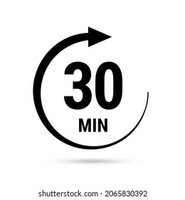 30 minute vector icon, stopwatch symbol, countdown. Isolated illustration with timer. 