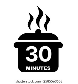 30 minutes boiling time icon. Cook clip art on black silhouette vector. Food services time graphic design