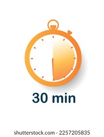30 minutes clock icon. Half hour, time span and segment on clock. Business and deadline. Limited and special offer, marketing. Poster or banner. Cartoon flat vector illustration