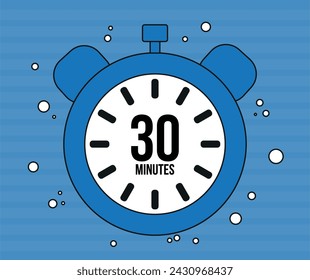 30 minutos de reloj. Alarma de marcador de minutos aislada sobre fondo azul. Vector de reloj de contador de tiempo