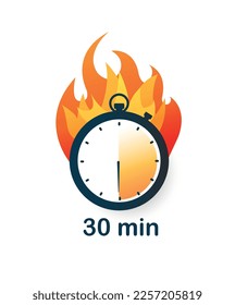 30 minutos de reloj en el icono de fuego. Media hora, manejo del tiempo y motivación. Organización de un flujo de trabajo y un plazo efectivos. Plantilla, disposición y burla. Dibujo vectorial plano de dibujos animados