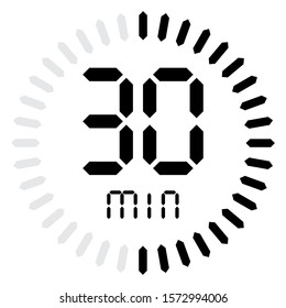 The 30 minutes, digital timer, stopwatch icon design. 30 minutes digital timer icon in trendy flat style design. Vector illustration.