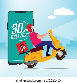 30 minutes free home delivery pizza delivery boy concept driving fast