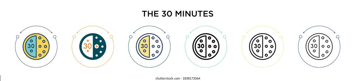The 30 minutes icon in filled, thin line, outline and stroke style. Vector illustration of two colored and black the 30 minutes vector icons designs can be used for mobile, ui, web