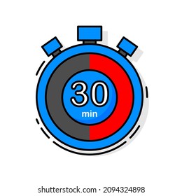 30 Minutes Left. Timer, Clock, Stopwatch Isolated Icon. Note The Cooking Time. Vector Illustration.