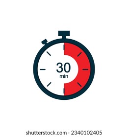 30 minutes, 30 min stopwatch vector icon. Stopwatch icon in flat style on a white background. Vector.