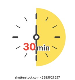 30 minutes on stopwatch icon in flat style. Clock face timer vector illustration on isolated background. Countdown sign business concept.