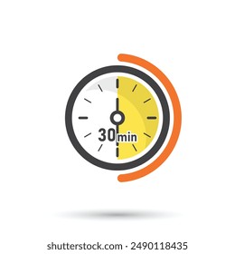 30 minutes on stopwatch icon in flat style. Clock face timer vector illustration on isolated background. Countdown sign business concept.