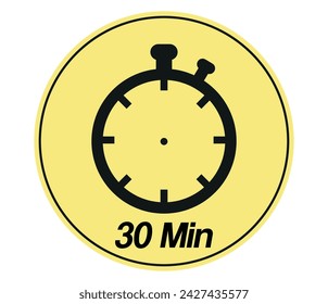 30 minutes stopwatch symbol. Timer sign icon yellow and black isolated on white background