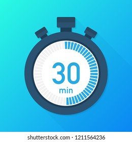 The 30 minutes, stopwatch vector icon. Stopwatch icon in flat style, 30 minutes timer on on color background.  Vector stock illustration.
