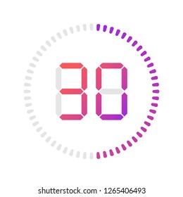 The 30 minutes, stopwatch vector icon, digital timer. Vector digital count down circle board with circle time pie diagram. Watch outline style design, designed for web and app.