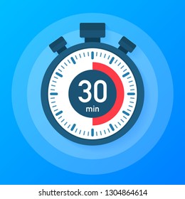 The 30 minutes, stopwatch vector icon. Stopwatch icon in flat style, 30 minutes timer on on color background.  Vector stock illustration.