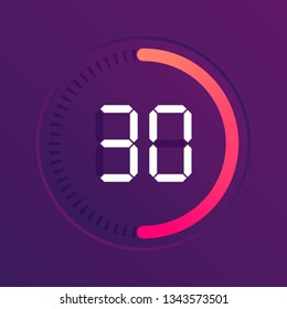 The 30 minutes, stopwatch vector icon, digital timer. Vector digital count down circle board with circle time pie diagram. Watch outline style design, designed for web and app.