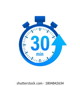 The 30 minutes, stopwatch vector icon. Stopwatch icon in flat style, timer on on color background. Vector illustration.