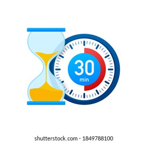 The 30 minutes, stopwatch vector icon. Stopwatch icon in flat style, timer on on color background. Vector illustration.