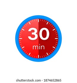 Die 30 Minuten, hör auf, Vektorsymbol zu sehen. Stoppen Sie die Uhr Symbol im flachen Stil auf weißem Hintergrund. Vektorgrafik.