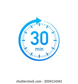 The 30 minutes, stopwatch vector icon. Stopwatch icon in flat style, timer on on color background. Vector illustration.