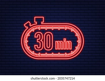 The 30 minutes, stopwatch vector neon icon. Stopwatch icon in flat style, timer on on color background. Vector illustration.