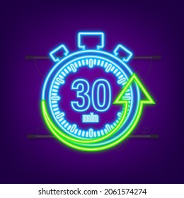 The 30 minutes, stopwatch vector neon icon. Stopwatch icon in flat style, timer on on color background. Vector illustration