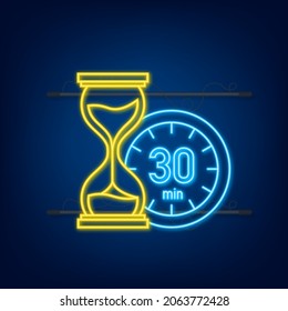 Los 30 minutos, el icono del neón vector de cronómetro. Icono de Stopwatch en estilo plano, temporizador en fondo de color. Ilustración vectorial.