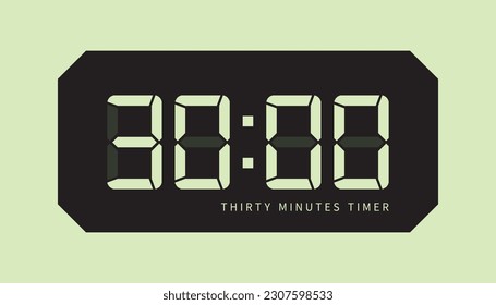 30 Minutes Timer Digital Clock Icon, Retro LED Style. Clock, Stop Watch Button, Showing Thirty Minutes State. Countdown, Cooking, Amount Indication. Isolated Vector.