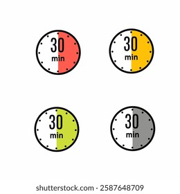 30 Minutes Timer Icon, Clock,Cooking time, Countdown Indication. Isolated Vector eps.Stopwatch, Chronometer Showing Thirty Minutes (Half of Hour) Label.Modern Flat Design. 