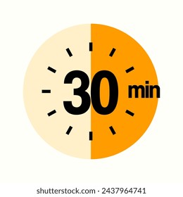 30 Minutes Timer Icon, Modern Sans Serif Design. Clock, Stopwatch,  Showing Thirty Minutes Label Over Circle, Isolated Vector eps