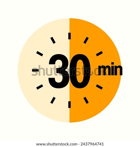 30 Minutes Timer Icon, Modern Sans Serif Design. Clock, Stopwatch,  Showing Thirty Minutes Label Over Circle, Isolated Vector eps