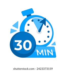 30 minutes timer. Stopwatch icon 30 min. Clock and watch limited cooking time. Vector illustration.