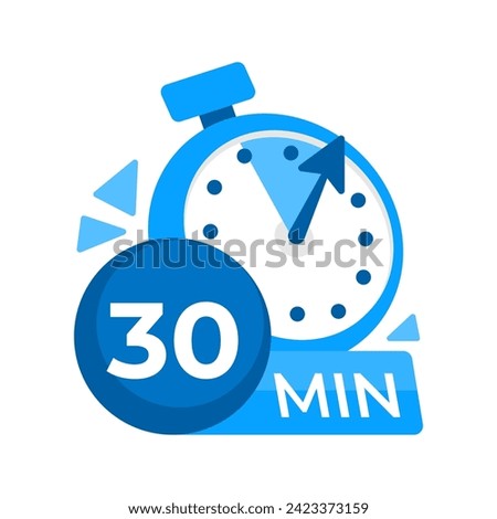 30 minutes timer. Stopwatch icon 30 min. Clock and watch limited cooking time. Vector illustration.
