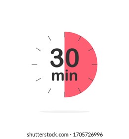 30 minutes timer. Stopwatch symbol in flat style. Editable isolated vector illustration.