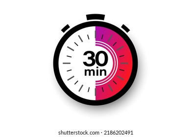 30 minutes timer. Stopwatch symbol in flat style. Editable isolated vector illustration.