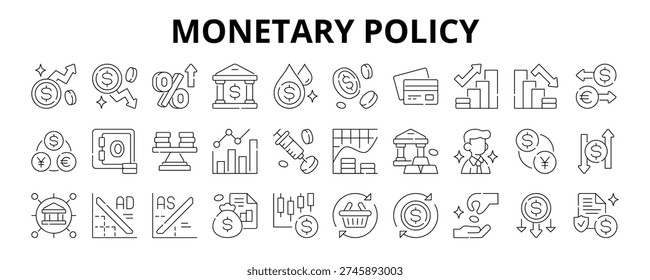 30 Monetary Policy Line Icons Vector - Inflation, Deflation, Interest, Rate, Liquidity, Recession, Lending, Credit